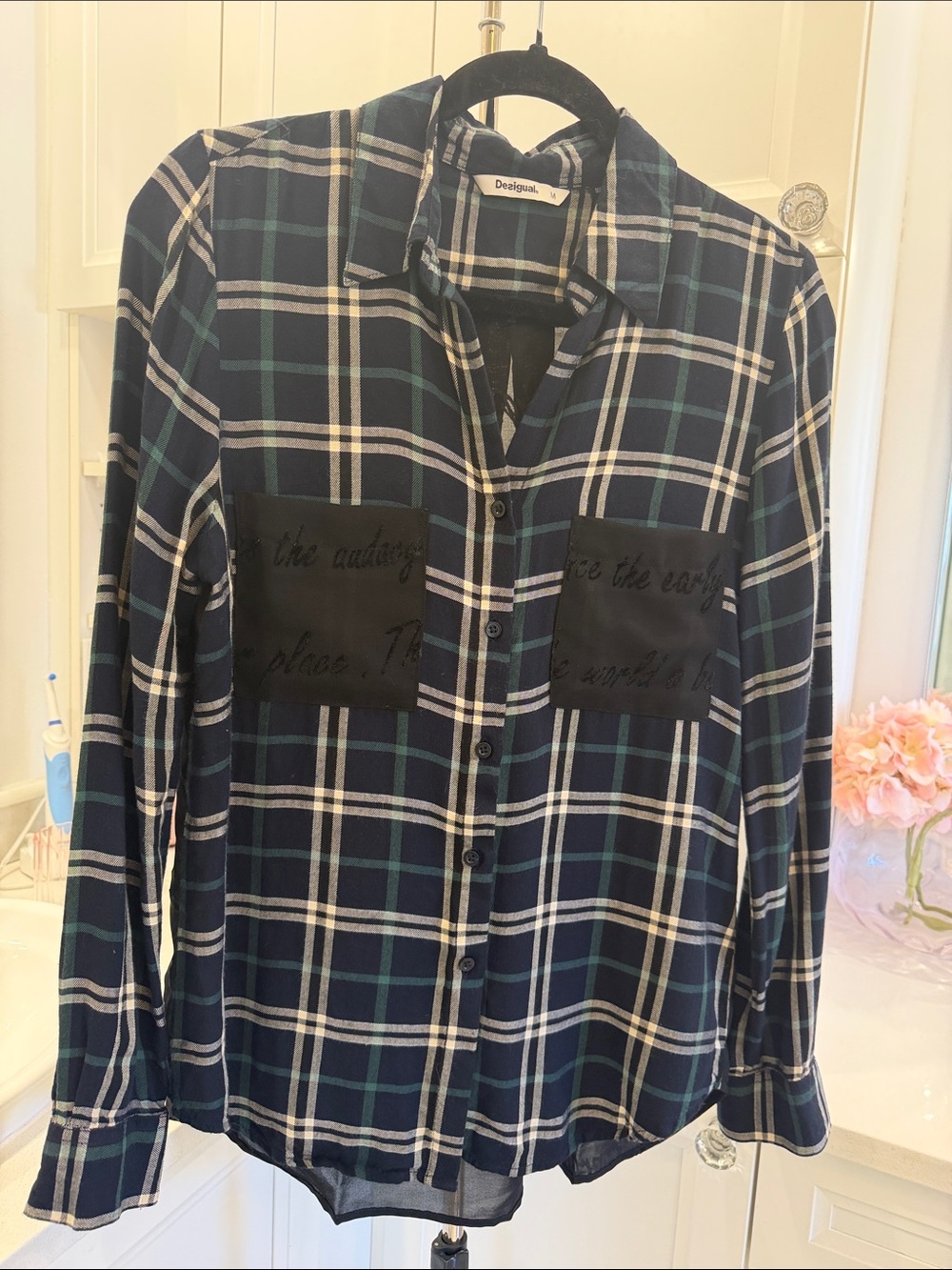 Desigual women's Navy, White & Green Plaid Button-Down Shirt
